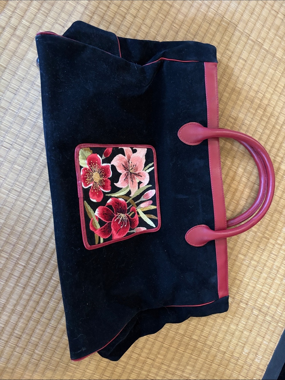 Black Suede Tote with Red Trim and Floral Embroidery
